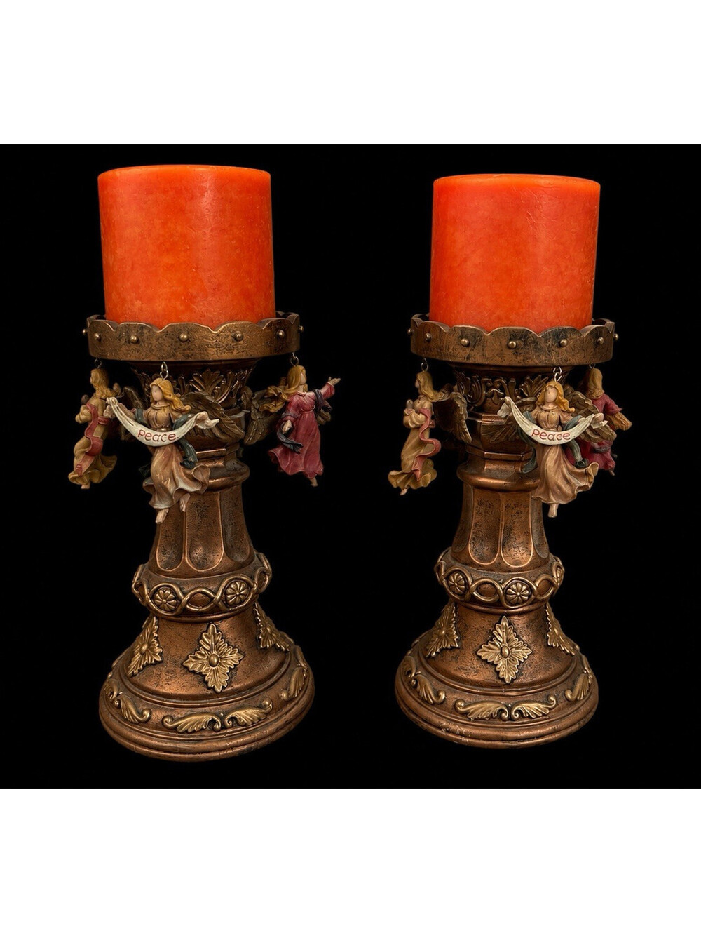 Angel Theme Metal Decorative Freestanding Pillar Candle Holder Set w/ Orange